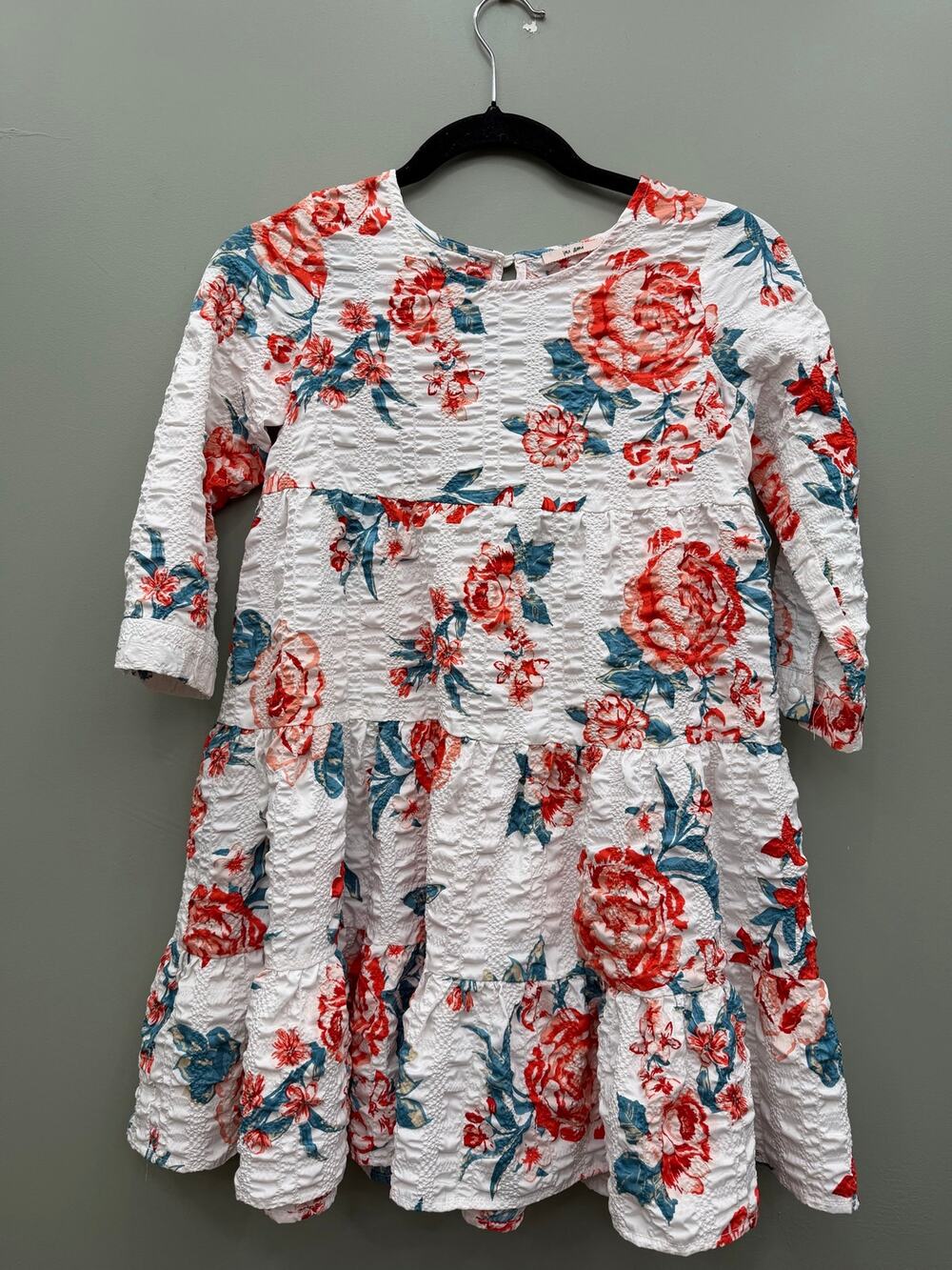 Mi Ami Girls 7/8 Floral Tiered Dress White Red Blue Textured Cottagecore